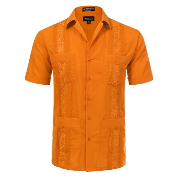 Allsense Men's Short-Sleeve Button-Down Cuban Guayabera Shirt, Orange, XL