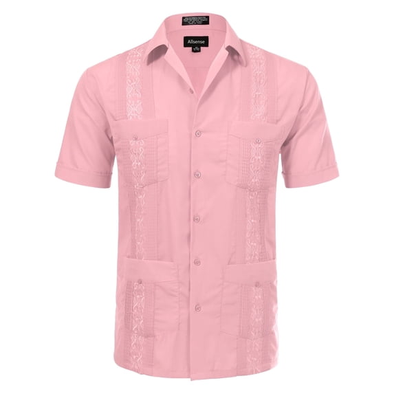 Allsense Men's Short-Sleeve Button-Down Cuban Guayabera Shirt, Pink, M