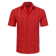 Allsense Men's Short-Sleeve Button-Down Cuban Guayabera Shirt, Red, M