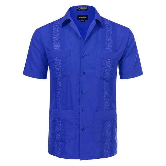 Allsense Men's Short-Sleeve Button-Down Cuban Guayabera Shirt, Royal Blue, 3XL