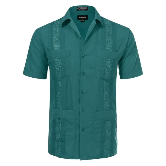 Allsense Men's Short-Sleeve Button-Down Cuban Guayabera Shirt, Teal Green, 2XL