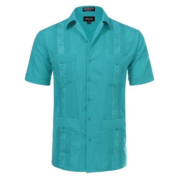 Allsense Men's Short-Sleeve Button-Down Cuban Guayabera Shirt, Turquoise, S