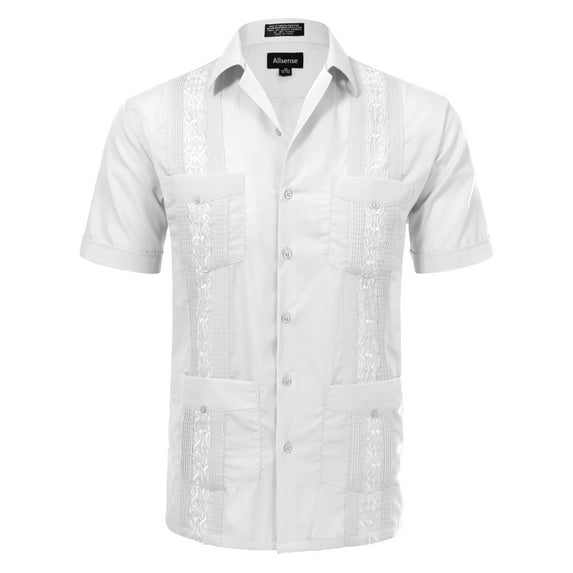 Allsense Men's Short-Sleeve Button-Down Cuban Guayabera Shirt, White, 3XL