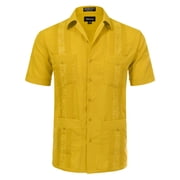 Allsense Men's Short-Sleeve Button-Down Cuban Guayabera Shirt, Yellow, 3XL