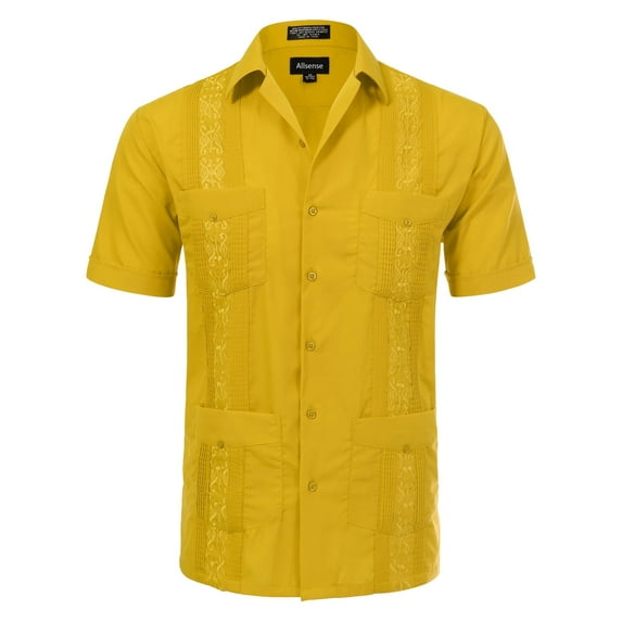 Allsense Men's Short-Sleeve Button-Down Cuban Guayabera Shirt, Yellow, L