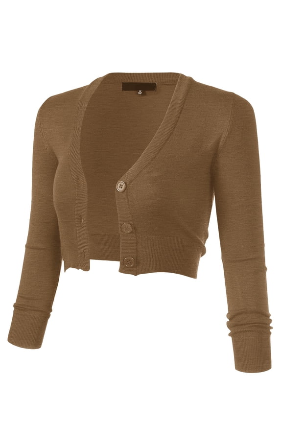 Women's 3/4 Sleeve Cropped Bolero Shrug Button Down Cardigan Sweater Lightweight Knit, Camel, L