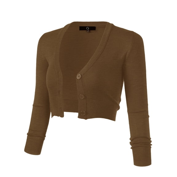 Allsense Women's 3/4 Sleeve Cropped Bolero Shrug Button Down Cardigan Sweater Lightweight Knit, Camel, L