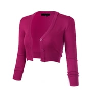 Allsense Womens 3/4 Sleeve Cropped Bolero Shrug Button Down Cardigan Sweater Lightweight Knit, Hot Pink, M
