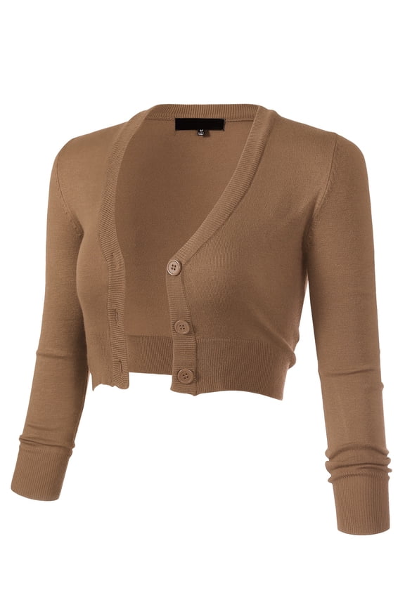 Women's 3/4 Sleeve Cropped Bolero Shrug Button Down Cardigan Sweater Lightweight Knit, Khaki, 2XL