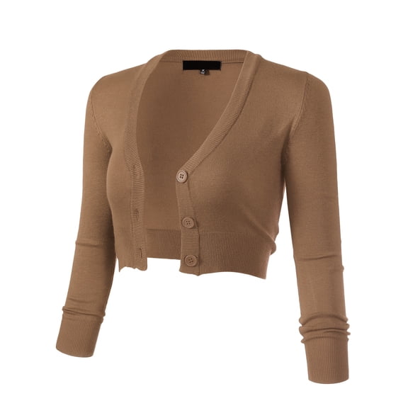 Allsense Women's 3/4 Sleeve Cropped Bolero Shrug Button Down Cardigan Sweater Lightweight Knit, Khaki, 2XL