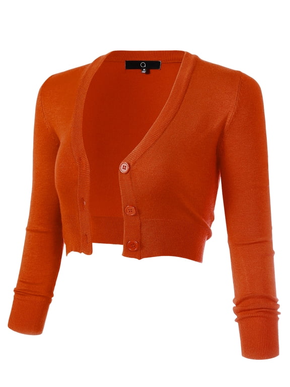Women's 3/4 Sleeve Cropped Bolero Shrug Button Down Cardigan Sweater Lightweight Knit, Orange, M