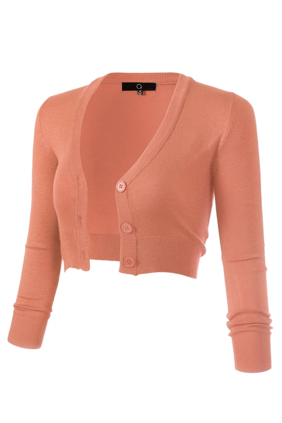 Women's 3/4 Sleeve Cropped Bolero Shrug Button Down Cardigan Sweater Lightweight Knit, Peach, L