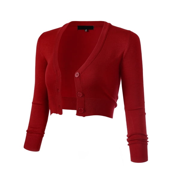 Allsense Women's 3/4 Sleeve Cropped Bolero Shrug Button Down Cardigan Sweater Lightweight Knit, Red, M