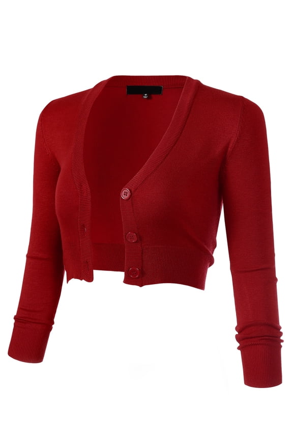 Women's 3/4 Sleeve Cropped Bolero Shrug Button Down Cardigan Sweater Lightweight Knit, Red, M