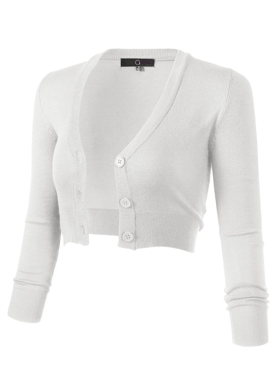 Women's 3/4 Sleeve Cropped Bolero Shrug Button Down Cardigan Sweater Lightweight Knit, White, M