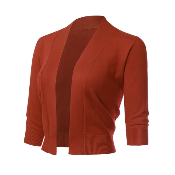 Allsense Women's 3/4 Sleeve Cropped Bolero Shrug Cardigan, Rust, Large