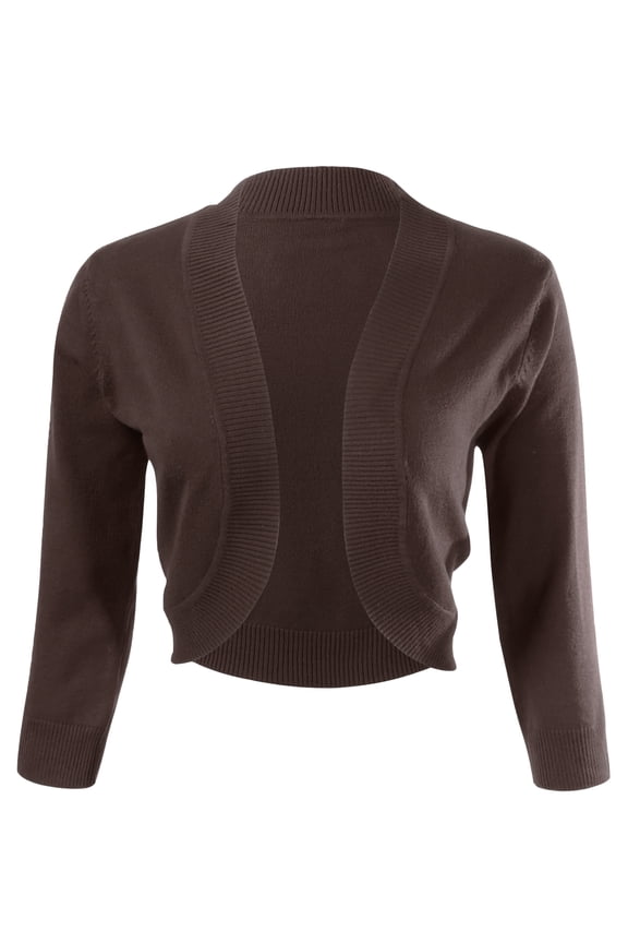 Women's 3/4 Sleeve Open Front Bolero Shrug Cardigan, Brown, X-Large
