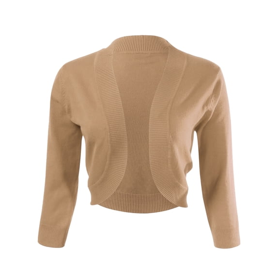 Allsense Women's 3/4 Sleeve V-Neck Cropped Bolero Shrug Cardigan, Khaki Beige, Small
