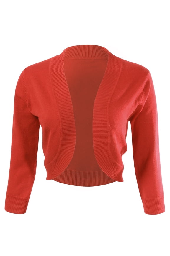 Women's 3/4 Sleeve V-Neck Cropped Bolero Shrug Cardigan, Rust, Medium