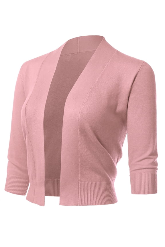 Women's 3/4 Sleeve Cropped Bolero Shrug Cardigan, Dusty Pink, Medium