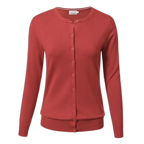 Allsense Women's Long-Sleeve Lightweight Crewneck Cardigan Sweater, Coral Pink, Small