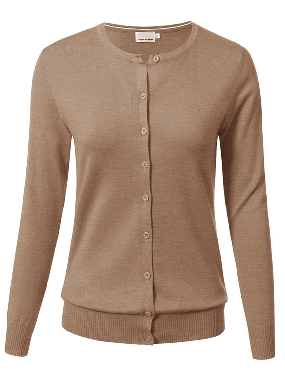 Women's Long-Sleeve Lightweight Crewneck Cardigan Sweater, Khaki Tan, Medium