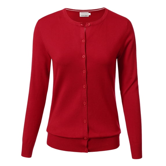 Allsense Women's Long-Sleeve Lightweight Crewneck Cardigan Sweater, Red, Small