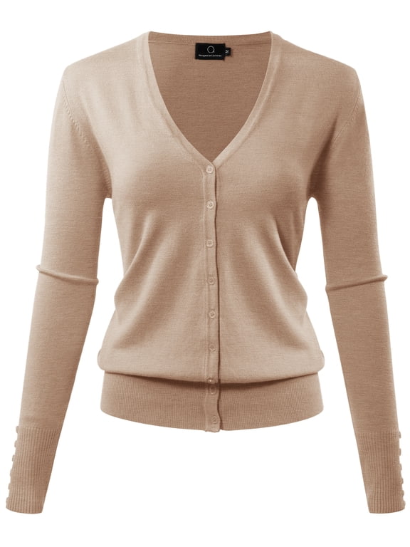 Women's Long-Sleeve Lightweight V-Neck Cardigan Sweater, Khaki Tan, Large
