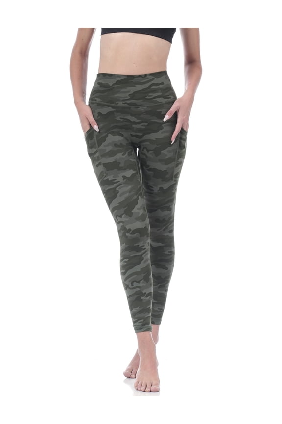 Women's High-Waited Leggings - Tummy Control with Zipper Pocket, Olive Camo, X-Large