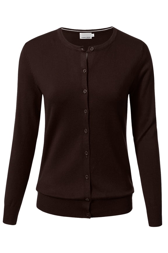 Womens Button Down Long Sleeve Crewneck Softknit Cardigan Sweater Brown L