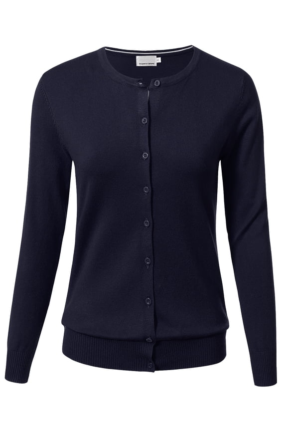 Womens Button Down Long Sleeve Crewneck Softknit Cardigan Sweater Navy XL