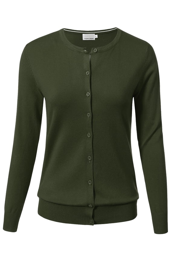 Womens Button Down Long Sleeve Crewneck Softknit Cardigan Sweater Olive XL