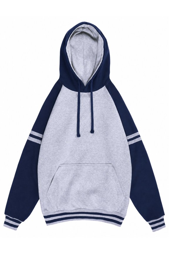 x AMS Men's Varsity Raglan Pullover Hoodie Striped Colorblock Sweatshirt, Heather Grey/Navy, Small