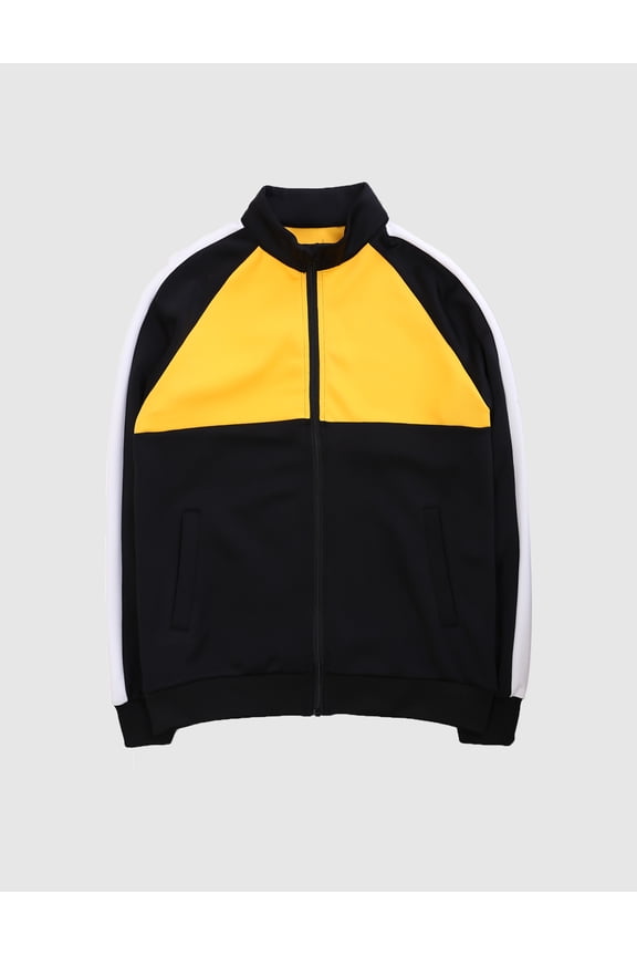 x FXN Men's Color Block Full Zip Track Jacket with Side Stripes, Black/Yellow/White, Medium