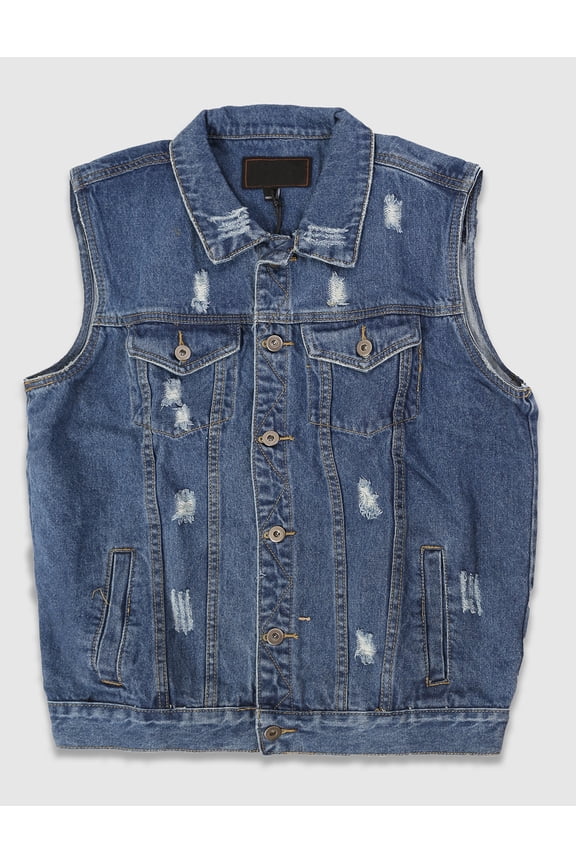x FXN Men's Distressed Denim Vest Button Down Sleeveless Jean Jacket, Blue, Small