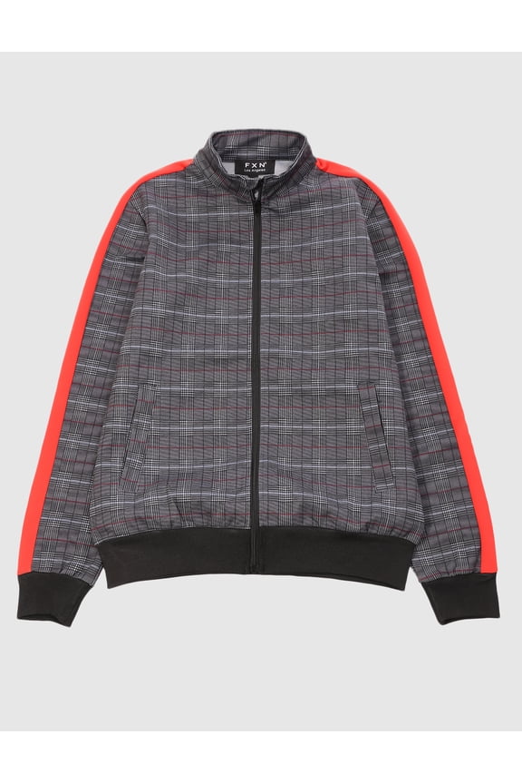x FXN Men's Plaid Checkered Full Zip Track Jacket with Side Stripes, Red, Small