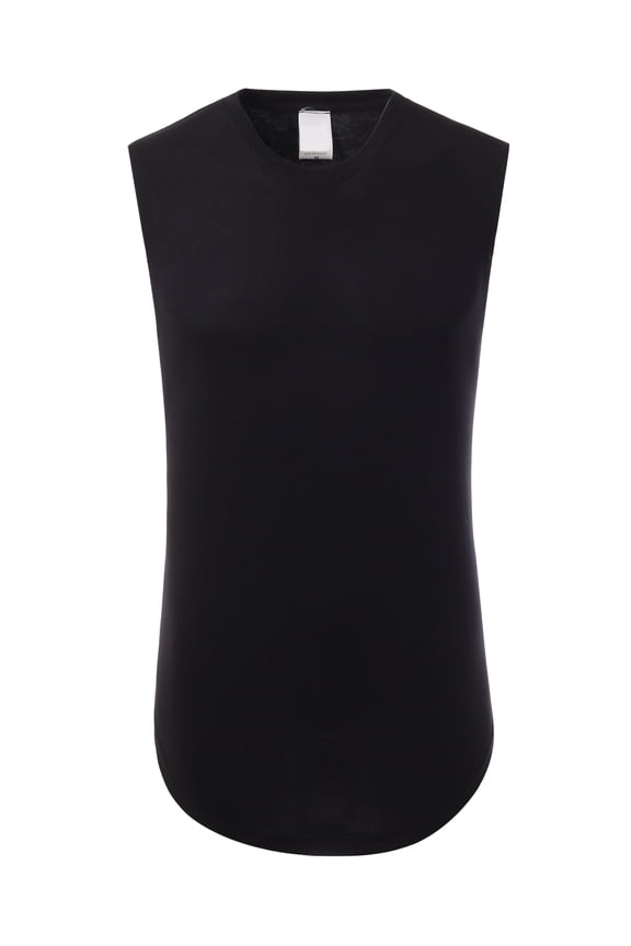 x FXN Men's Sleeveless Crew Neck T-Shirt Curved Hem Muscle Longline Tee, Black, Large