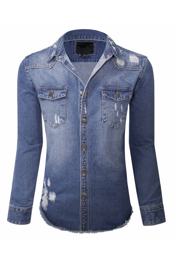 x Victorious Men's Distressed Black Denim Shirt Button Down Raw Hem Shacket, Indigo, Medium