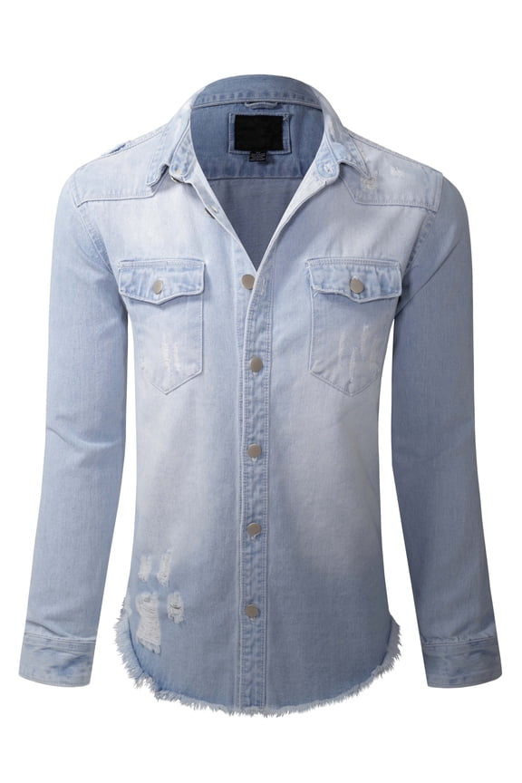 x Victorious Men's Distressed Black Denim Shirt Button Down Raw Hem Shacket, Light Indigo, Medium