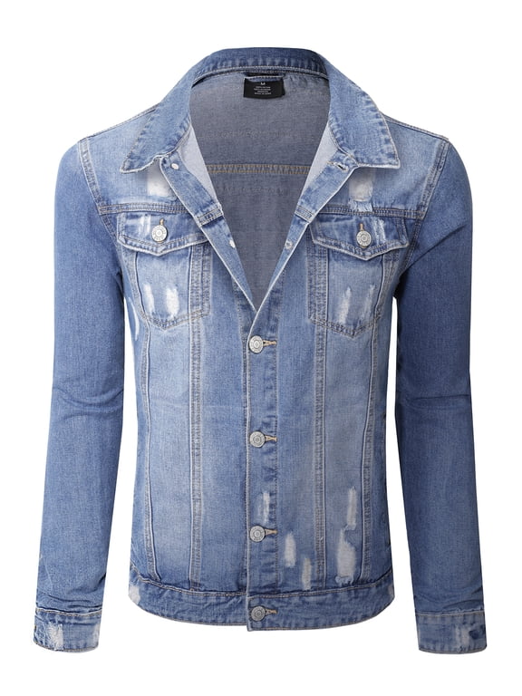 x Victorious Men's Distressed Denim Jacket World Tour Graphic City Patches, Indigo, 4XL
