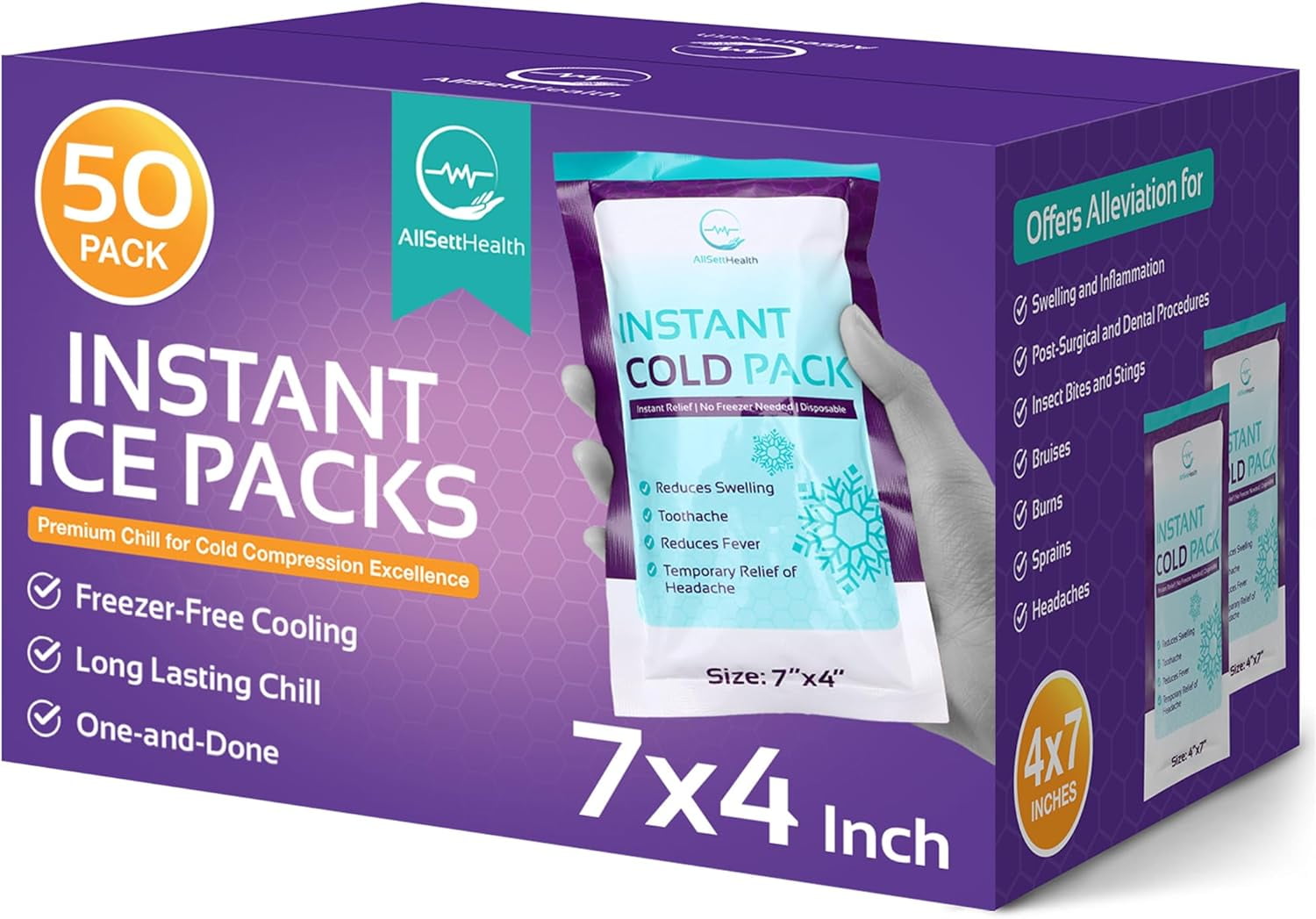 Allsett Health Disposable Instant Ice Packs for Injuries 50 Packs 7 x 4 Instant Ice Cold Pack Cold Compress Ice Pack for Pain Relief First