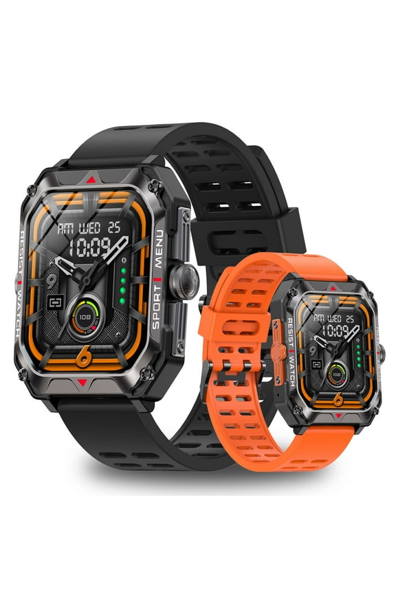 Smart Watch,  Answer/Make Calls 2.02''HD Touchscreen IP68 Waterproof Fitness Tracker Smartwatch for Android IOS with 2 Bands(Black, Orange)