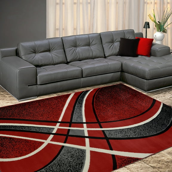 Allstar 5x7 Modern Accent Rug in Red with Ivory Abstract Curved Line design (5' 2" x 7' 0")