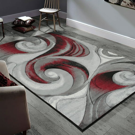Allstar 5x7 Modern Area Rug in Red with Red Abstract Swirl design (4' 11" x 6' 11")