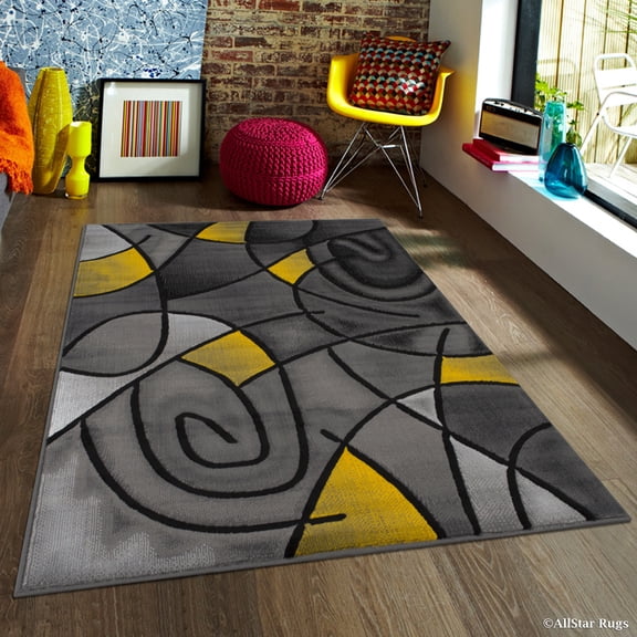 Allstar 5x7 Modern Area Rug in Yellow with Charcoal Grey Abstract Mosaic Curve design (4' 11" x 6' 11")