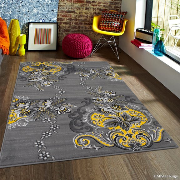 Allstar 5x7 Modern Area Rug in Yellow with Charcoal Grey Graphic Floral design (4' 11" x 6' 11")