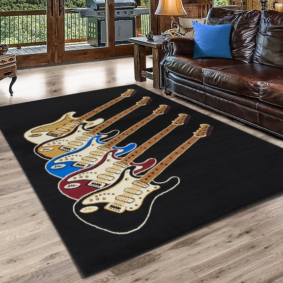 Allstar 5x7 Music Area Rug in Multi with Multicolor Graphic Cascading Strat Guitars design (5' 2" x 7' 0")