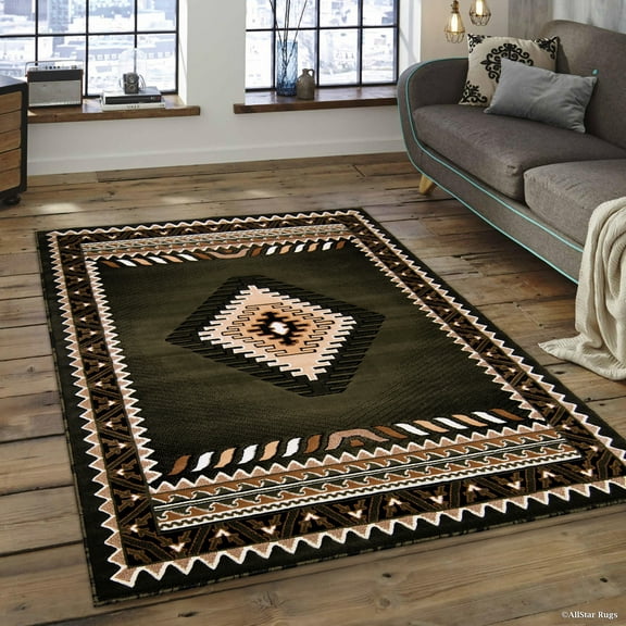 Allstar 5x7 Tribal Area Rug in Sage with Ivory Cherokee Shamanic Eye design (5' 2" x 7' 1")