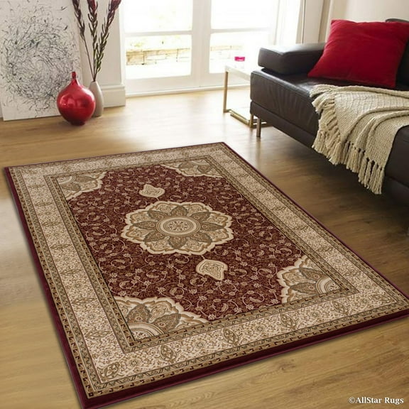 Allstar 5x8 Traditional Area Rug in Red with Ivory Persian Heriz design (5' 2" x 7' 4")