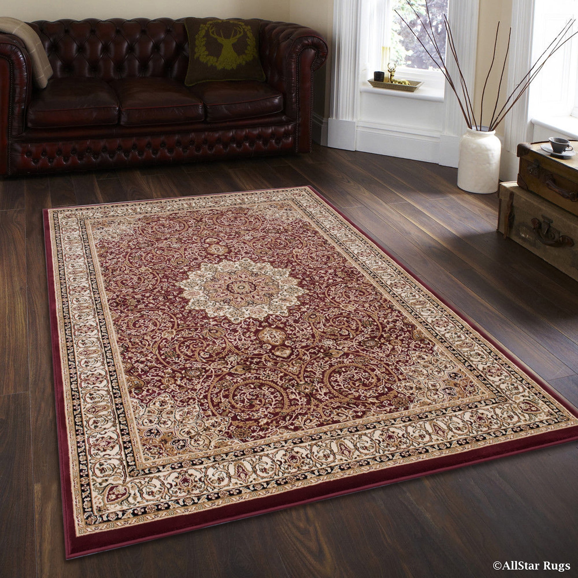 Burgundy and Ivory 5' x 8' Synthetic Traditional Area Rug